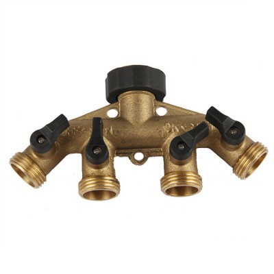 High quality brass water hose pipe 4 way splitter connector with shut off valve